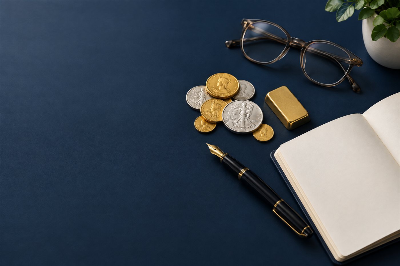 Physical gold and silver beside research notes