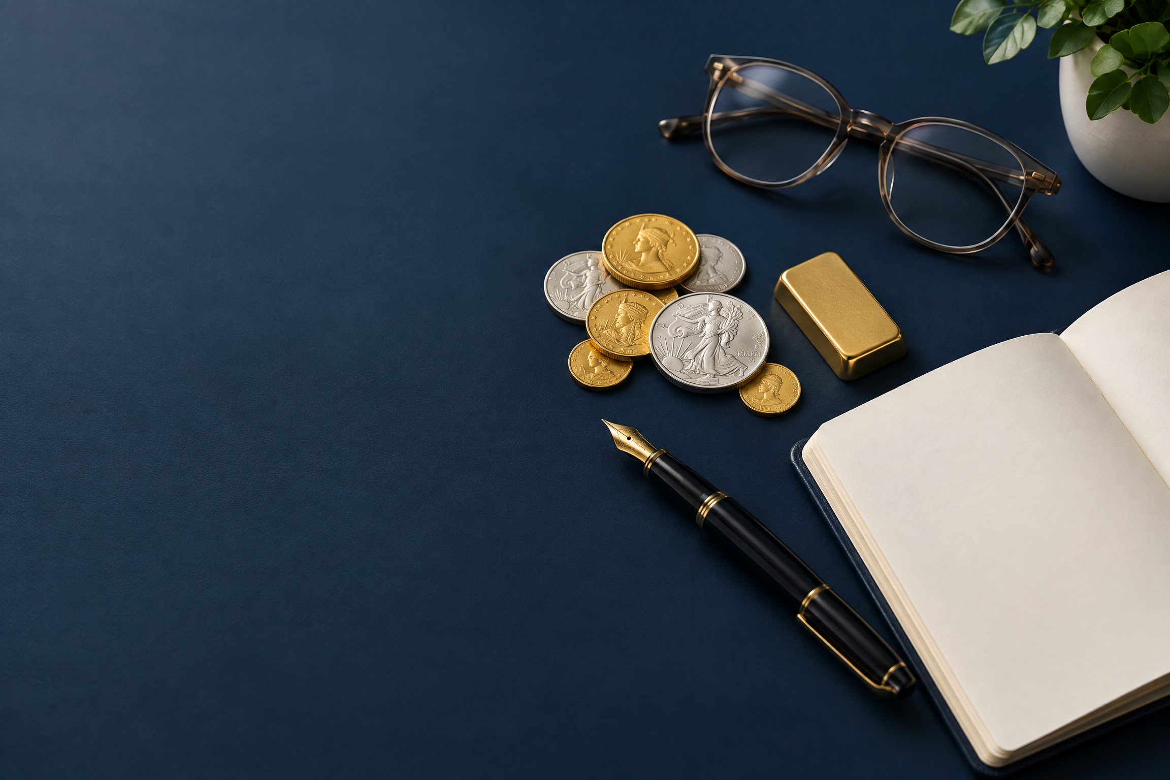 A notebook, pen, reading glasses, and unbranded gold and silver bullion on a navy desk