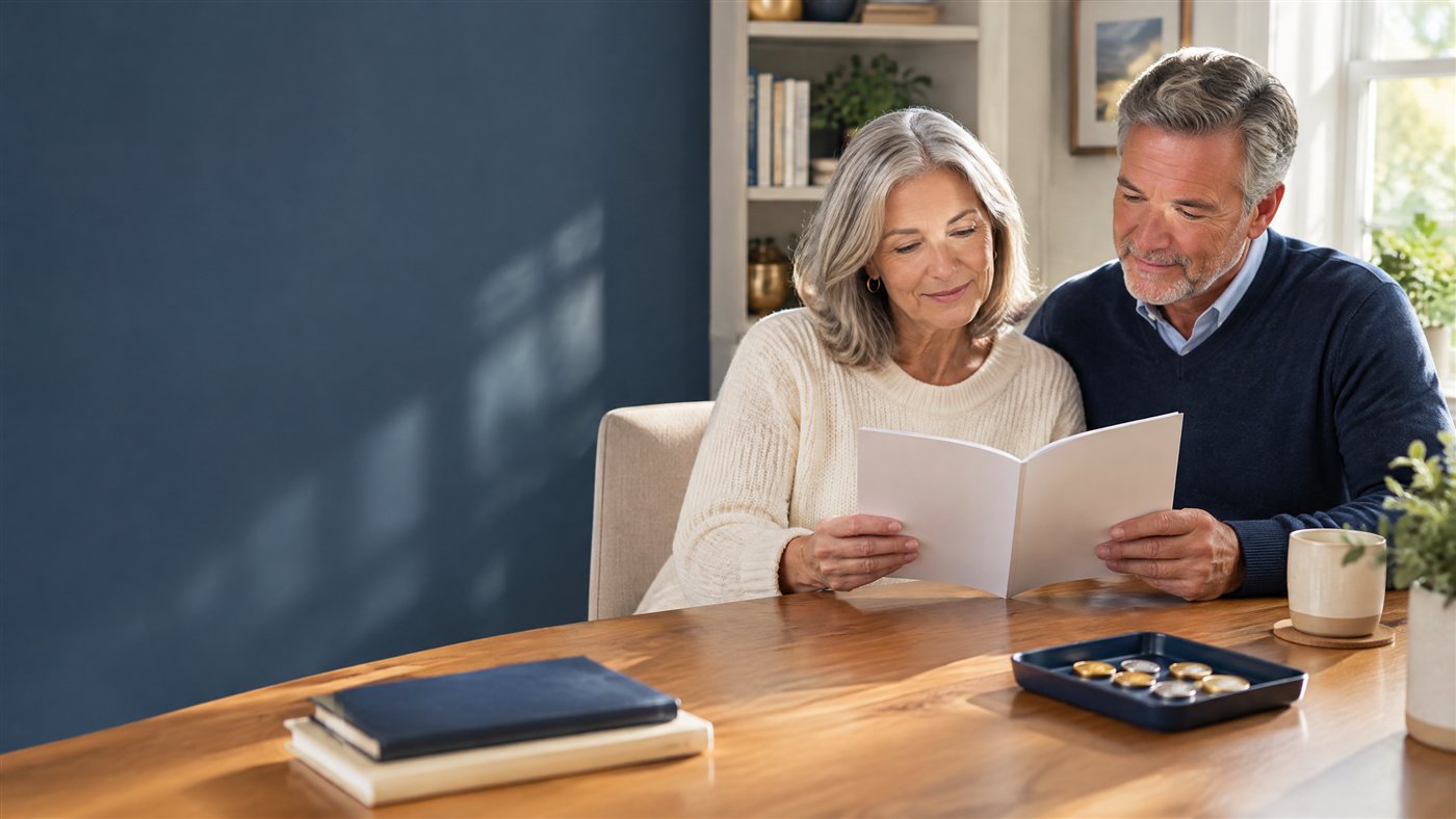 A couple reviewing retirement information together